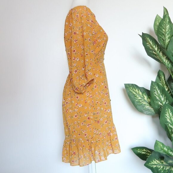 Lulus Trixiebelle Mustard Yellow Floral Print Ballon Sleeve Ruffle Dress Size S - Picture 9 of 16